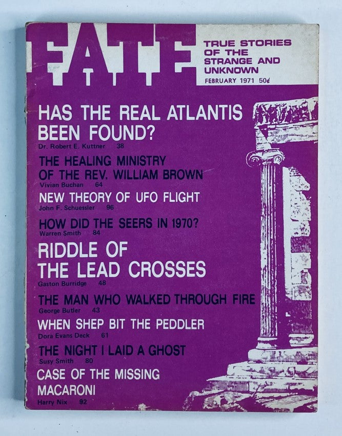 Cover of VTG Fate Magazine February 1971 Vol 24 No. 2 featuring the title 'Riddle of The Lead Crosses' and articles including 'Has The Real Atlantis Been Found?' and 'New Theory of UFO Flight'.
