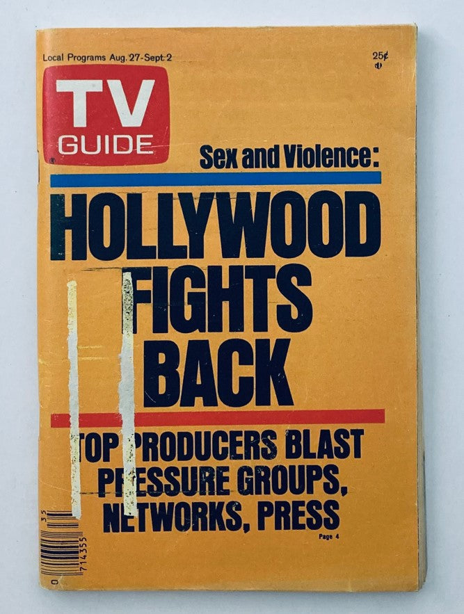 TV Guide Magazine cover from August 27, 1977, issue #1274 featuring the title 'Sex and Violence: Hollywood Fights Back' with a focus on television programming and controversies surrounding it.