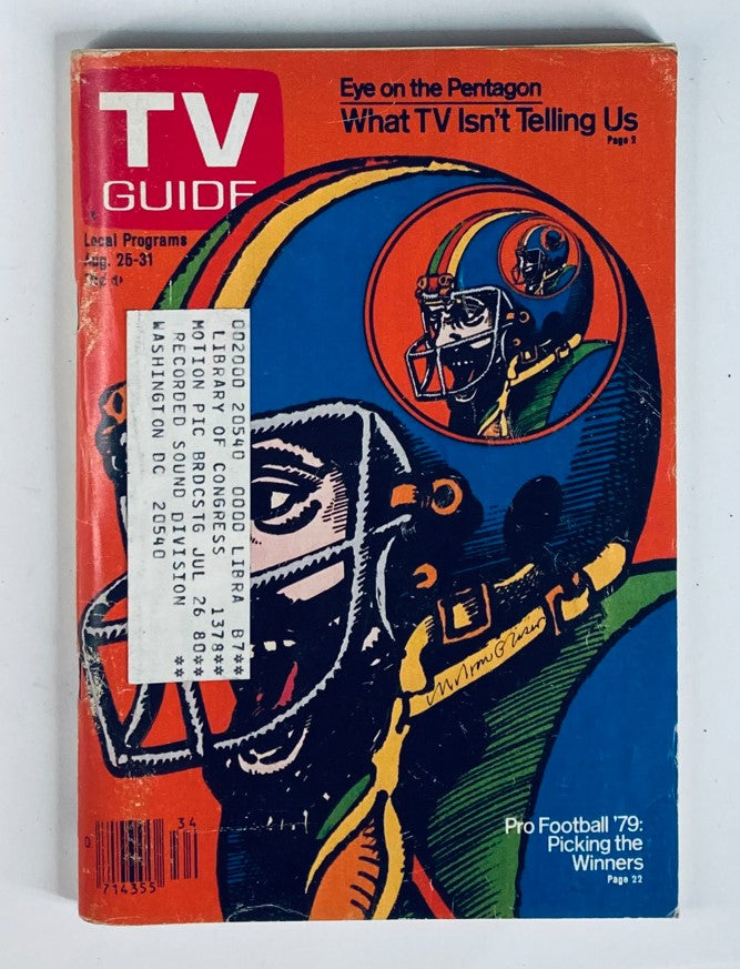 Cover of TV Guide Magazine August 25 1979 Pro Football '79 WA-Baltimore Edition featuring vibrant artwork of football players and related themes.