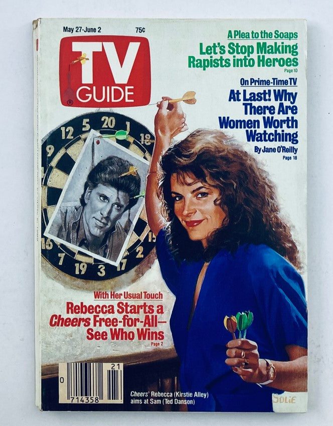 TV Guide Magazine May 27 1989 featuring Kirstie Alley on the cover, highlighting her role in Cheers with a dartboard and a photo of a male character.