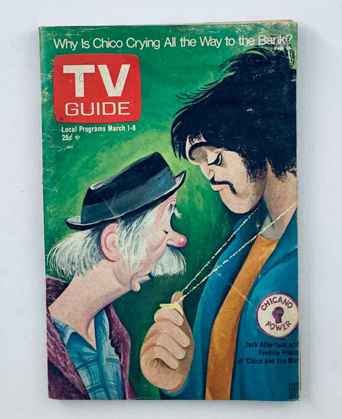 TV Guide Magazine March 1 1975 featuring Jack Albertson and Freddie Prinze Jr. on the cover, with a colorful illustration depicting a dialogue between characters under the tagline 'Why Is Chico Crying All the Way to the Bank?'. This vintage magazine represents a piece of television history.