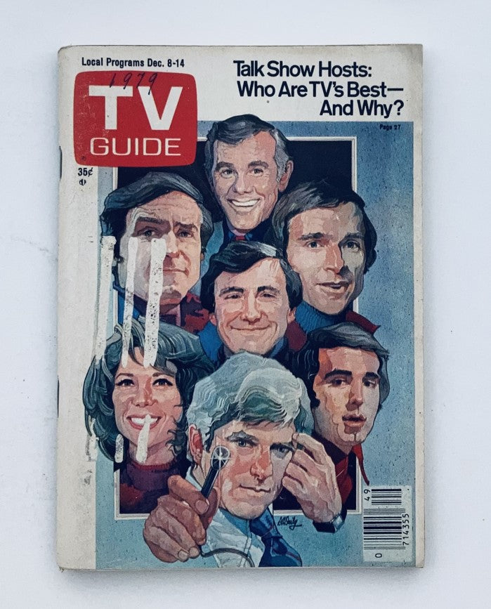 TV Guide Magazine December 8 1979 featuring notable talk show hosts in a colorful illustration, showcasing television history and cultural icons of the time.