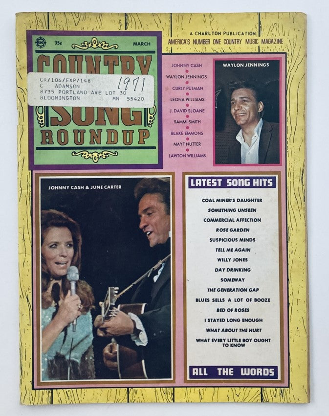 VTG Country Song Roundup Magazine March 1971 featuring Johnny Cash and June Carter on the cover, showcasing their impact on country music.