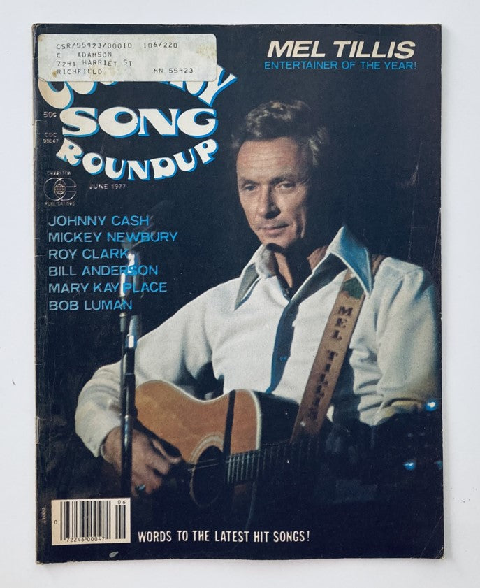 Cover of VTG Country Song Roundup Magazine June 1977 featuring Mel Tillis, recognized as 'Entertainer of the Year,' showcasing iconic country music legends including Johnny Cash.