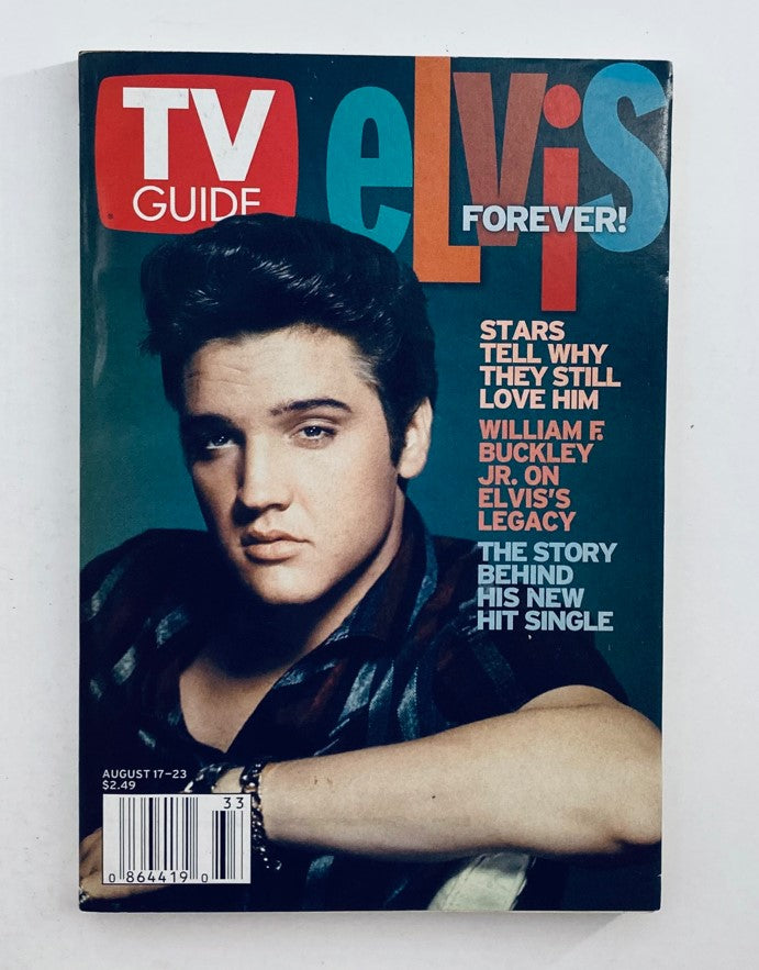 TV Guide Magazine featuring Elvis Presley on the cover, dated August 17, 2002. The cover highlights Elvis and includes text about his legacy and popularity.