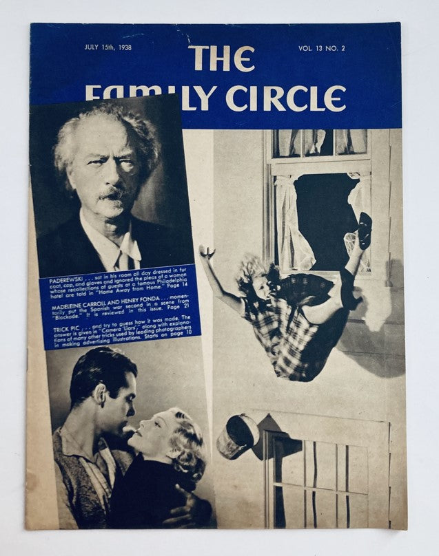 VTG The Family Circle Magazine July 15 1938 cover featuring a vintage illustration and photographs, including an image of Madeleine Carroll.