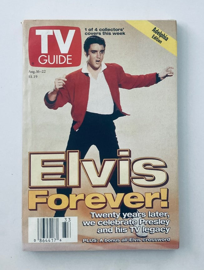 TV Guide Magazine cover from August 16, 1997 featuring Elvis Presley. Titled 'Elvis Forever!', this edition celebrates the legacy of Elvis Presley twenty years after his death. The magazine is part of the Adelphia Edition.