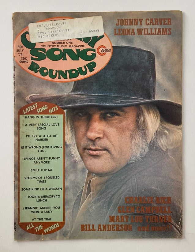 Cover of the VTG Country Song Roundup Magazine from July 1974, featuring Johnny Carver and Leona Williams, showcasing iconic country music imagery and headlines.