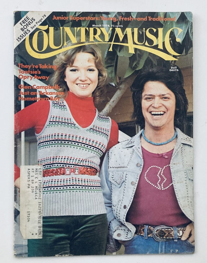 VTG Country Music Magazine March 1974 featuring Tanya Tucker and Glen Campbell on the cover, showcasing their iconic styles and looks from the 1970s.