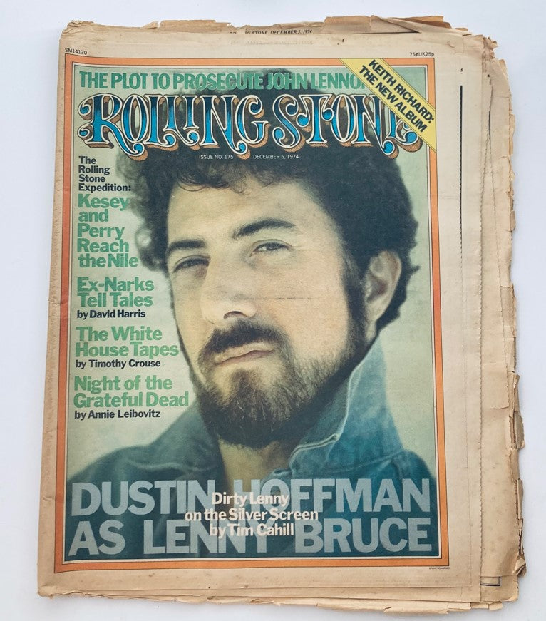 Vintage Rolling Stone Magazine cover from December 5, 1974, No. 175 featuring Dustin Hoffman, showcasing his role as Lenny Bruce.
