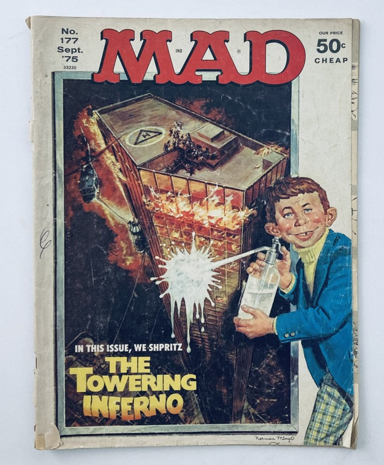 Cover of VTG Mad Magazine September 1975 No. 177 featuring a humorous depiction of 'The Towering Inferno' with a character spraying a fire, capturing the essence of vintage satire.