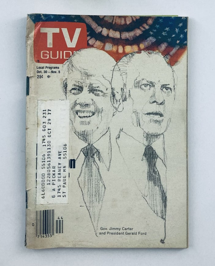 TV Guide Magazine October 30 1976 #1231 featuring portraits of Governor Jimmy Carter and President Gerald Ford, showcasing local programs for Minneapolis-St. Paul. This issue is notable for its vintage design and significance in television history.