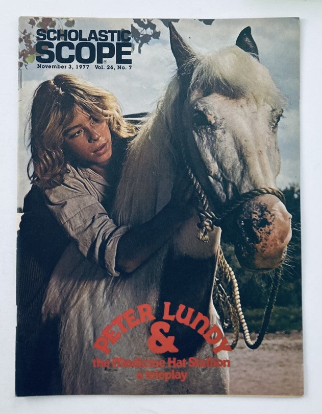 Cover of Scholastic Scope Magazine from November 3, 1977 featuring the title Peter Lundy & the Medicine Hat Stallion, showcasing a young girl with a white horse in a natural setting.