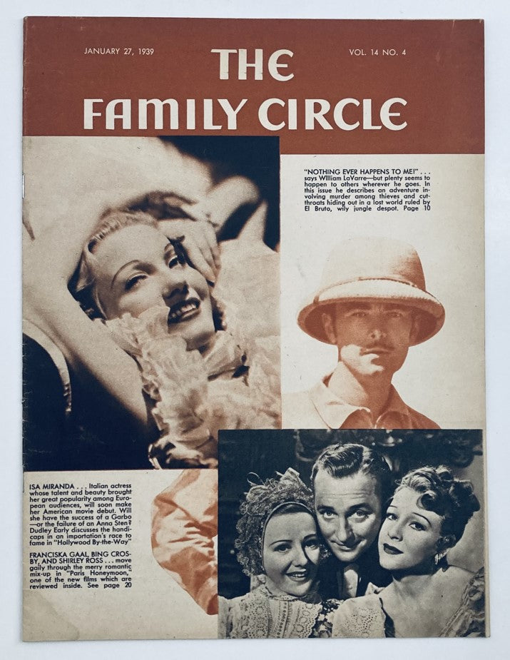 Cover of VTG The Family Circle Magazine January 27, 1939 featuring vintage photography and text including artist William LaVerre's contributions.