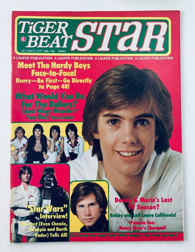 VTG Tiger Beat Star Magazine October 1977 cover featuring Bay City Rollers and Star Wars. Nostalgic illustration showcasing 70s pop culture, including articles about The Hardy Boys and interviews with celebrities.