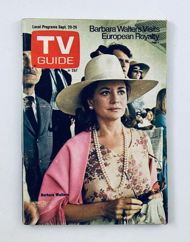 Cover of TV Guide Magazine September 20 1975 featuring Barbara Walters, highlighting her visit to European royalty, with an image that showcases her elegant attire and notable style.