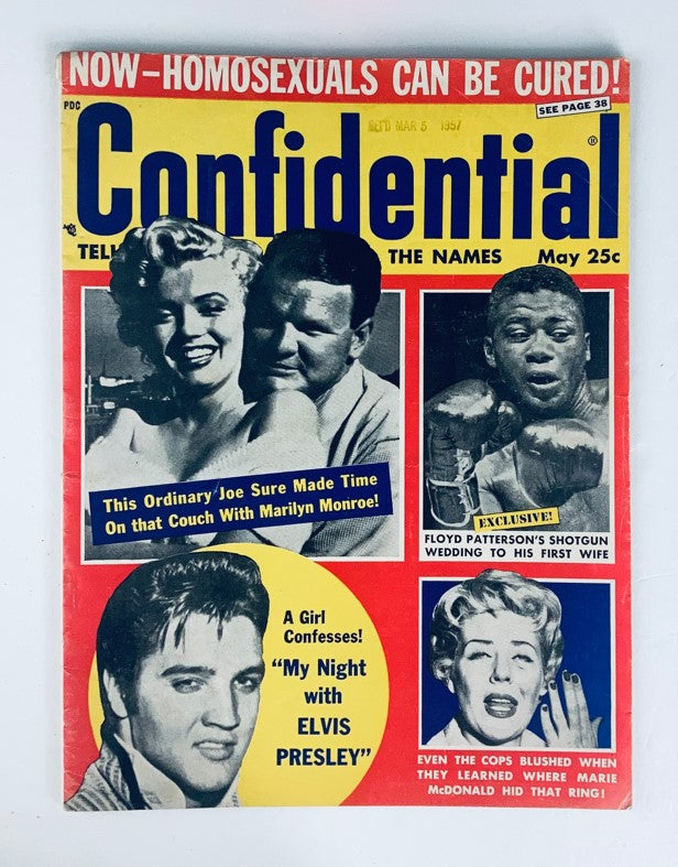 Cover of VTG Confidential Magazine May 1957 Vol 5 No. 2 featuring Marilyn Monroe and Joe DiMaggio, highlighting articles about Hollywood and pop culture.