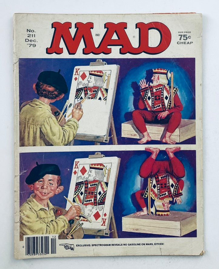 Back cover of Mad Magazine December 1979 No. 211, featuring humorous illustrations of a child artist and a jester, highlighting the magazine's distinctive art style and collectible nature.