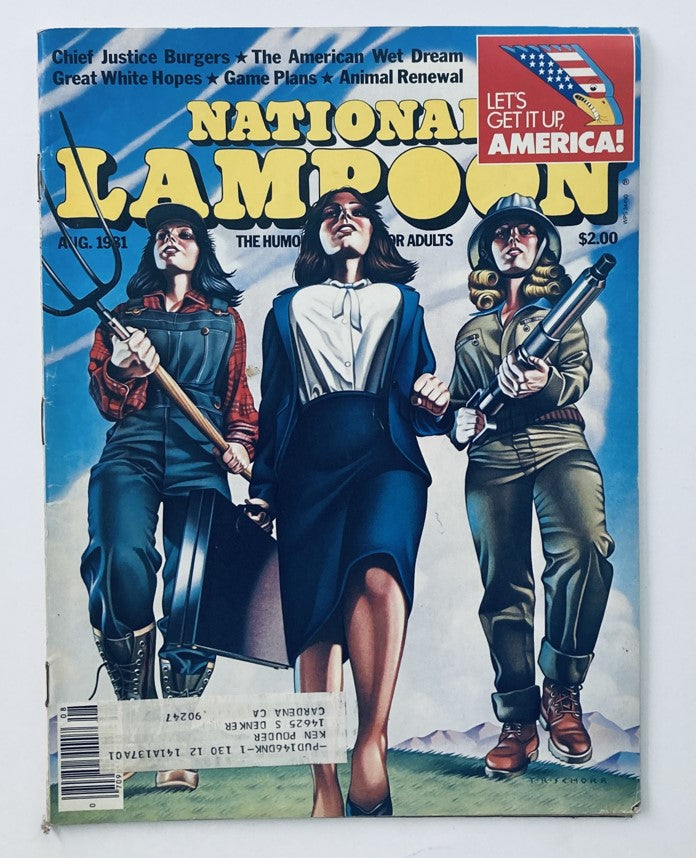 Vintage National Lampoon Magazine, Vol 2 No 37, August 1981, featuring a humorous cover image with three women in various outfits, titled 'The American Wet Dream.'
