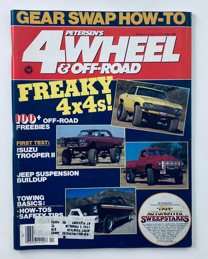 Cover of Petersen's 4 Wheel & Off-Road Magazine April 1984 featuring the iconic Isuzu Trooper II, showcasing various off-road vehicles with bold text promoting 4x4 features and gear swap how-tos.