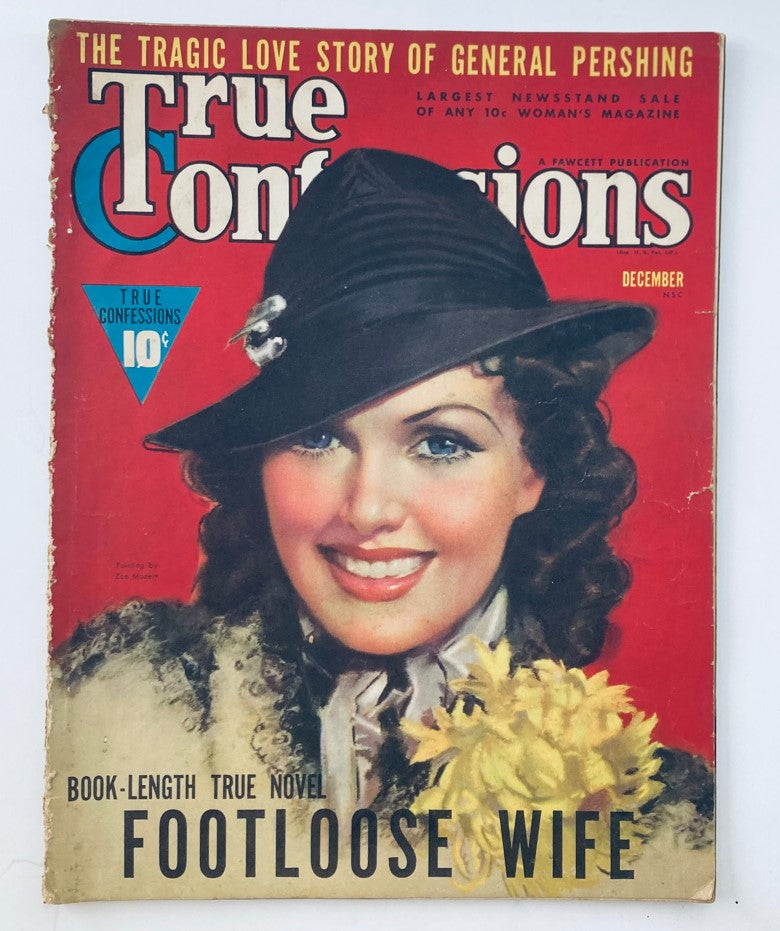 VTG True Confessions Magazine December 1938 Vol 33 #197 featuring the captivating cover art for 'Footloose Wife', showcasing a woman in a stylish hat with floral accents, reflecting the fashion and culture of the 1930s.