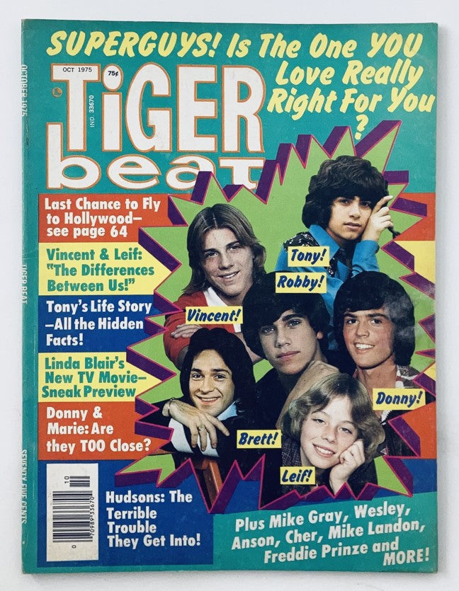 Cover of Tiger Beat Magazine October 1975 featuring interviews with Linda Blair, The Osmonds, and Freddie Prinze Jr., showcasing vibrant colors and pop culture themes from the 1970s.