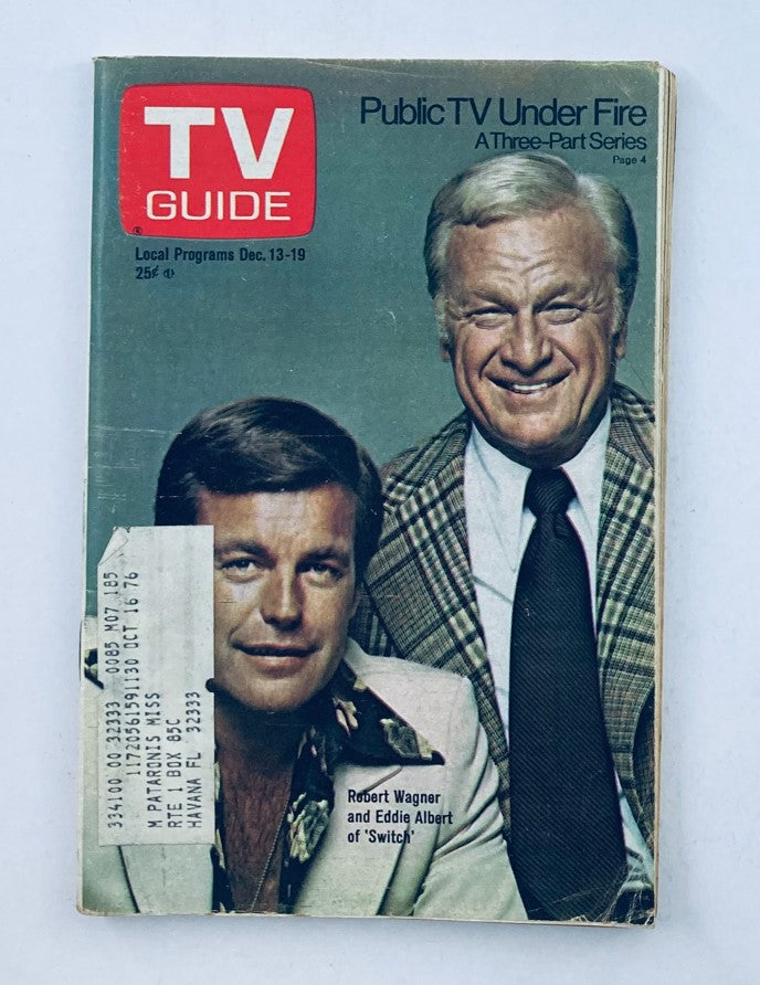 TV Guide Magazine December 13 1975 #1184 featuring Robert Wagner and Eddie Albert, showcasing 'Public TV Under Fire' article. The cover image displays the magazine prominently with the actors smiling.