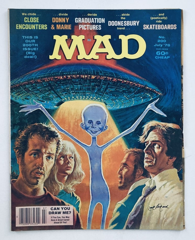 Mad Magazine July 1978 No. 200 cover featuring the parody 'We Hide Close Encounters', showcasing a blue alien and characters from the popular sci-fi genre.