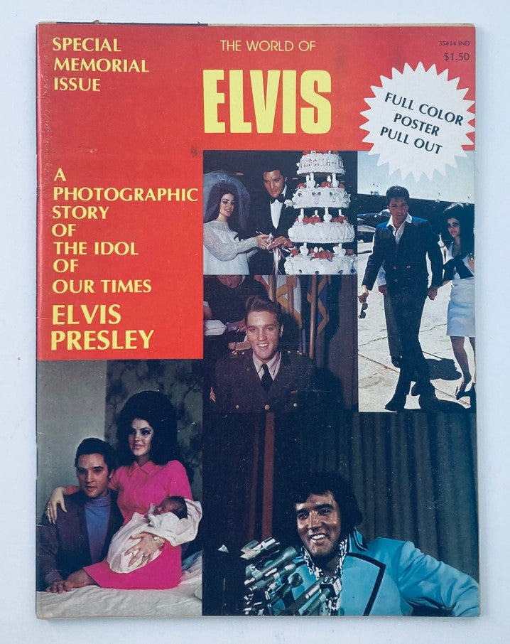 Cover of the 1977 vintage magazine 'The World of Elvis', showcasing a special memorial issue with a colorful design, featuring images of Elvis Presley and significant moments from his life, emphasizing its collectible appeal for fans of the King of Rock 'n' Roll.