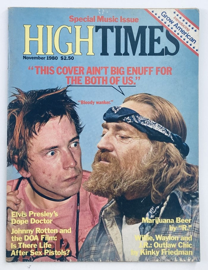 VTG High Times Magazine November 1980 featuring the headline 'This cover ain't big enuff for the both of us.' Cover illustration includes images of Elvis Presley's Dope Doctor and Johnny Rotten.