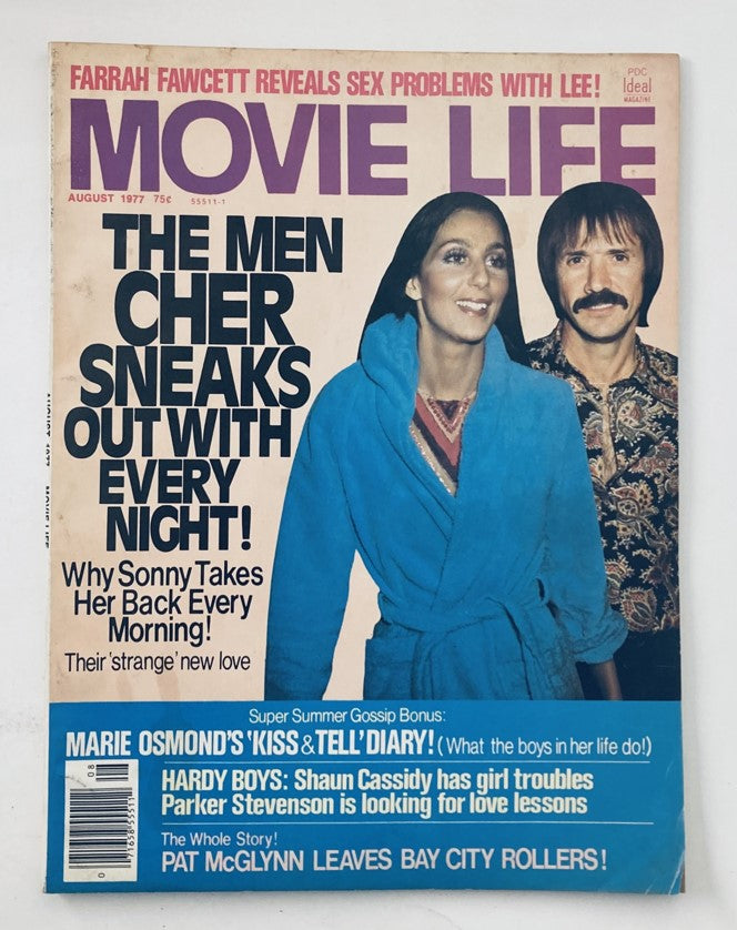 Cover of VTG Movie Life Magazine August 1977 featuring Sonny & Cher, with headlines related to personal stories and celebrity gossip.