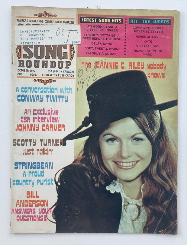 Cover of VTG Country Song Roundup Magazine from October 1972 featuring Jeannie C. Riley with the caption 'Nobody Knows'. The magazine highlights various country music artists and includes articles and interviews relevant to the genre.