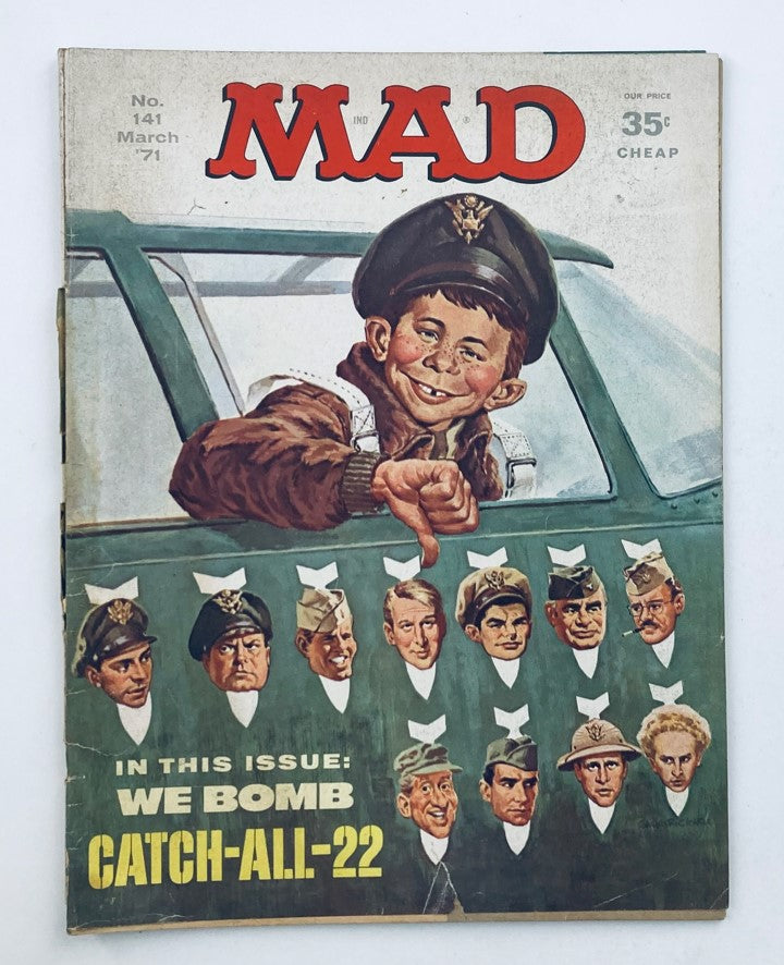 Mad Magazine March 1971 No. 141 The Catch-All-22 cover featuring a smiling cartoon character in a military uniform surrounded by illustrated faces of various characters, highlighting comedic and satirical elements.