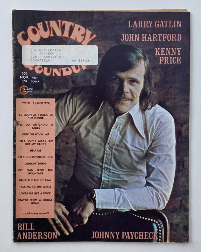 Cover of VTG Country Song Roundup Magazine November 1974 featuring Bill Anderson and Johnny Paycheck, showcasing vintage country music aesthetics.