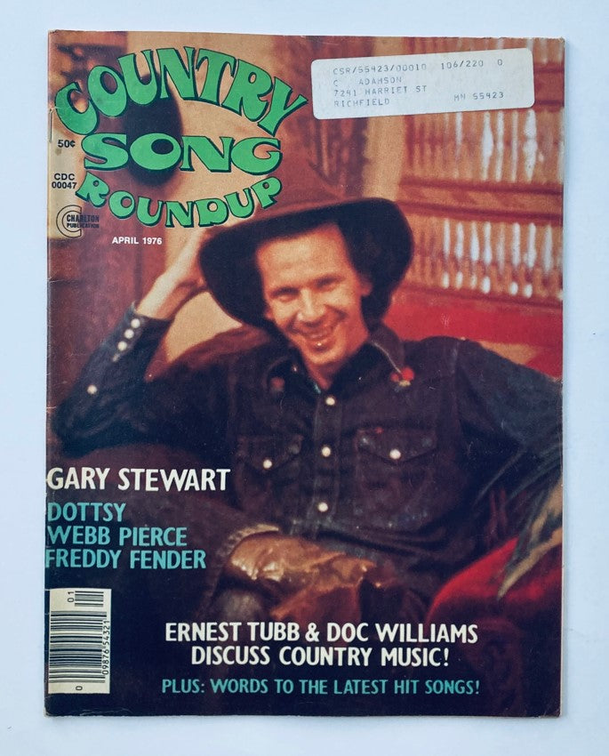 Cover of VTG Country Song Roundup Magazine, April 1976 featuring Gary Stewart, Webb Pierce, and other country music artists. The magazine highlights 1970s country music culture.