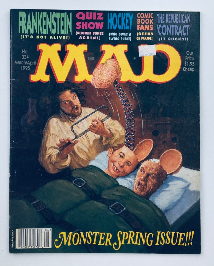 Cover of Mad Magazine March 1995 No. 334 featuring the main story 'Frankenstein: It's Not Alive!', showcasing humorous artwork and iconic characters.