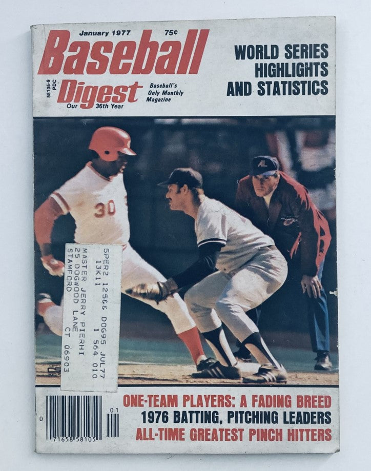 VTG Baseball Digest Magazine cover from January 1977 featuring highlights and statistics from the World Series, with illustrations of baseball players. This vintage magazine includes baseball legends Ken Griffey and Chris Chambliss.