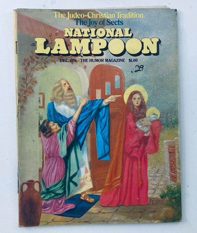 Cover of Vintage National Lampoon Magazine from December 1974, titled 'Judeo-Christian Tradition With Imperfections', featuring humorous illustrations depicting biblical figures.