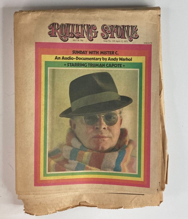 Cover of VTG Rolling Stone Magazine April 12, 1973 Issue No. 132 featuring a photo of Truman Capote in a hat and scarf, highlighting an article titled 'Sunday with Mister C'.