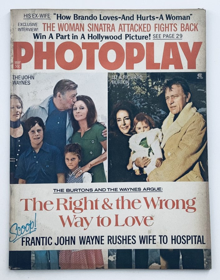 Photoplay Magazine May 1973 Vol 83 #5 featuring John Wayne, Liz Taylor, and Richard Burton on the cover. This vintage magazine highlights Hollywood stars and includes articles reflecting the film industry's golden era.