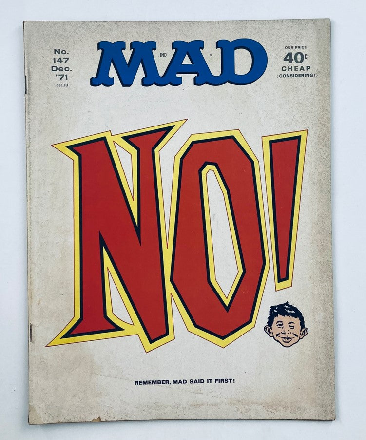 Cover of Mad Magazine December 1971 No. 147 featuring the title 'NO!' in bold colors, showcasing satirical humor from the era.