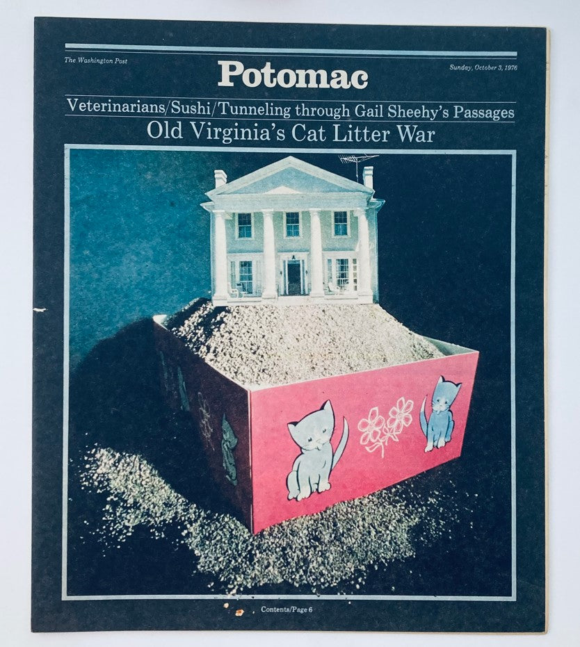 VTG Washington Post Potomac Magazine cover from October 3, 1976 featuring the headline 'Old Virginia’s Cat Litter War' with an illustration of a house on a bed of cat litter and playful cats.