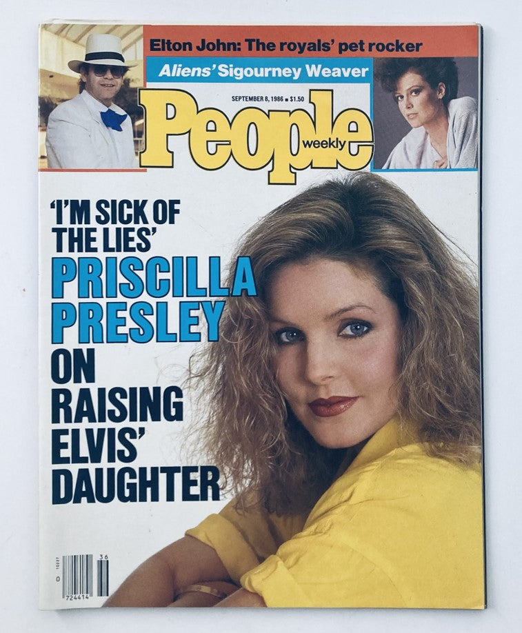 People Weekly Magazine cover from September 8, 1986 featuring Priscilla Presley and Elton John, highlighting Priscilla's insights on raising Elvis' daughter.