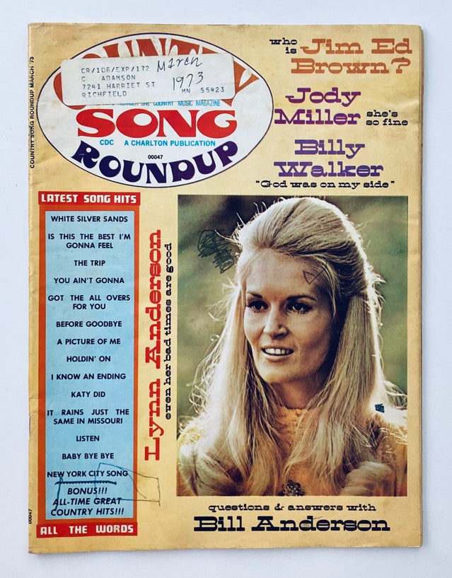 Cover of VTG Country Song Roundup Magazine from March 1973 featuring artists Lynn Anderson and Bill Anderson, displaying a vintage country music aesthetic with song listings and artist highlights.