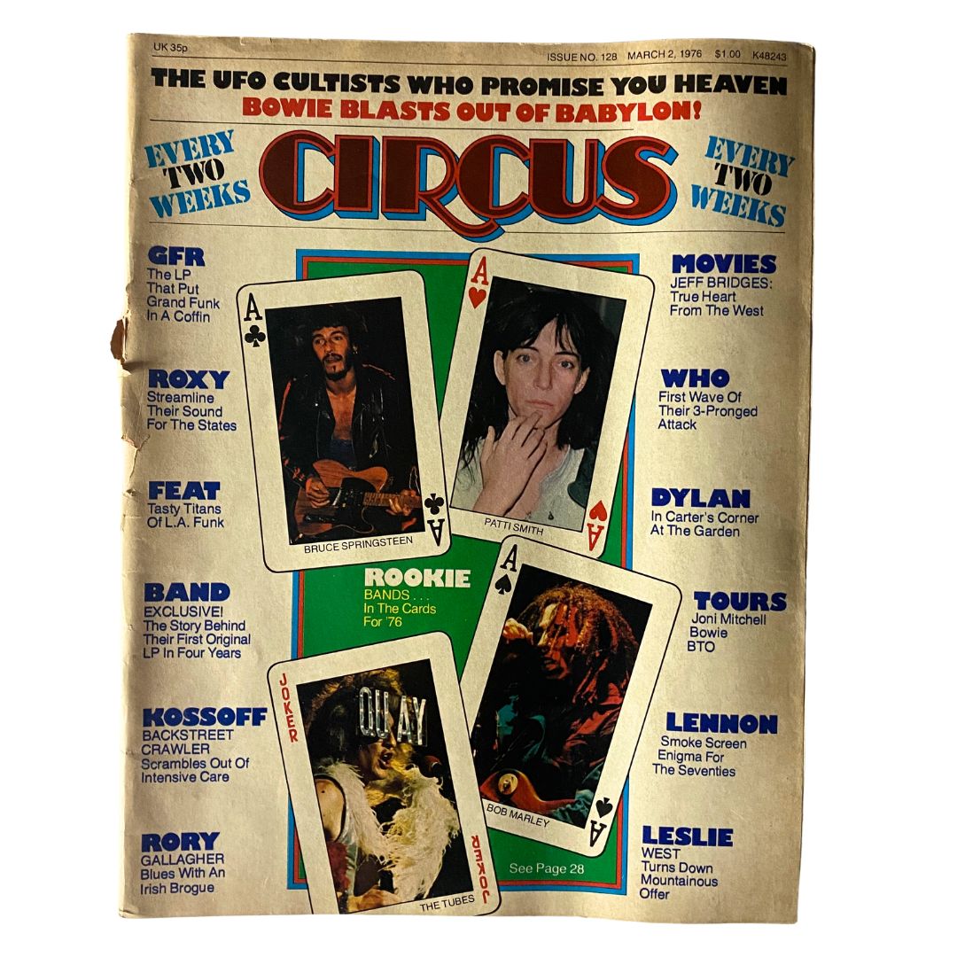 Cover of VTG Circus Magazine March 2 1976 featuring Bruce Springsteen, with visuals related to rock music, highlighting notable artists and cultural references from the 1970s.