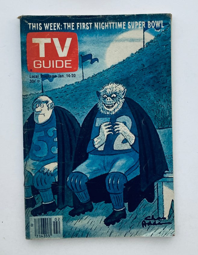 Cover of TV Guide Magazine January 14 1978 featuring artwork by Charles Addams, depicting two cartoon characters representing football players, under the headline about the first nighttime Super Bowl. The image showcases a unique artistic style and nostalgic television history.