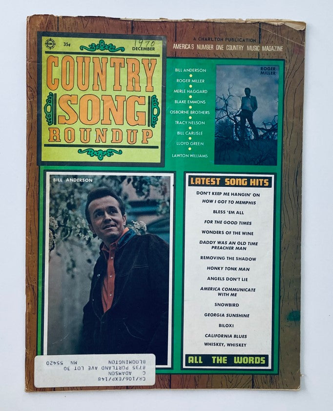 Vintage Country Song Roundup Magazine December 1970 featuring Bill Anderson and Roger Miller on the cover, showcasing notable country music artists and song hits.