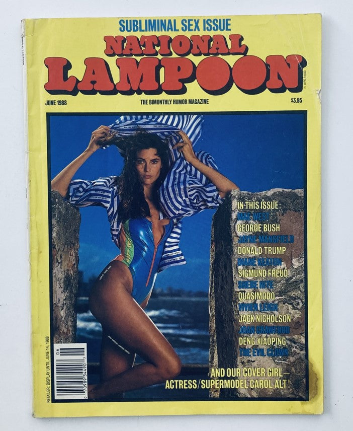 Vtg National Lampoon Magazine June 1988 featuring supermodel Carol Alt on the cover, showcasing vibrant colors and nostalgic design, making it a collectible issue for vintage magazine enthusiasts.