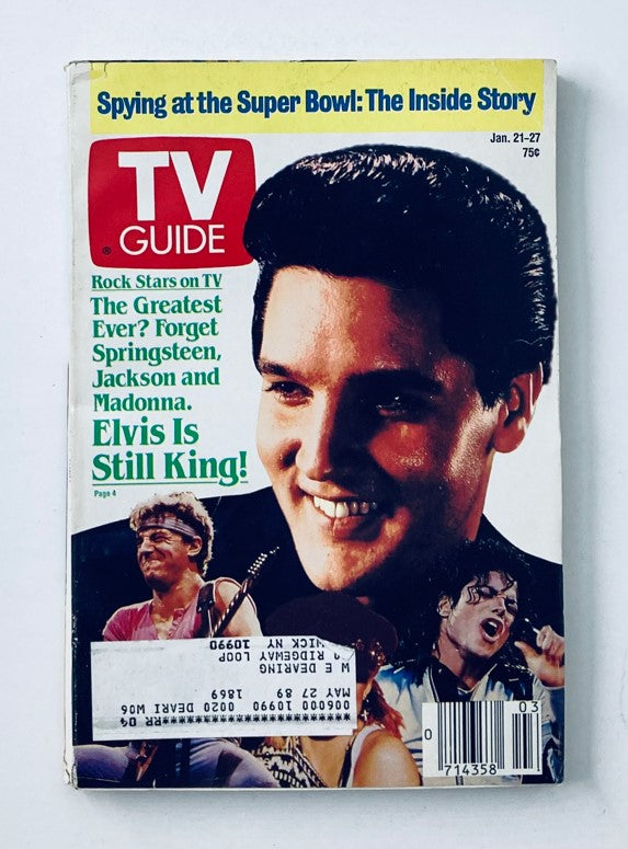 TV Guide Magazine January 21 1989 edition featuring a cover with Elvis Presley, highlighting the theme 'Elvis Is Still King!' and showcasing images of other rock stars like Michael Jackson and Bruce Springsteen.
