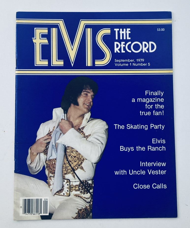 Cover of VTG Elvis The Record Magazine September 1979 Vol 1 No. 5 featuring Elvis Presley in a stage outfit, promoting articles inside about The Skating Party, Elvis Buys the Ranch, and features an interview with Uncle Vester.